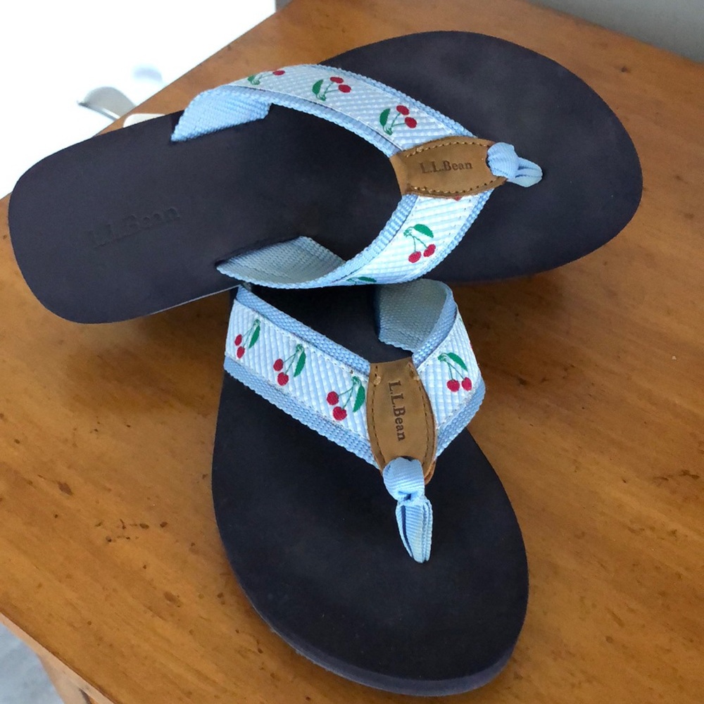 Women’s LL Bean sandals, light blue with cherry design, 6M